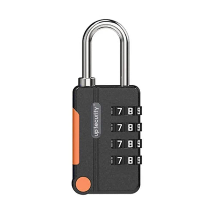 A black combination padlock with four dials set to "7-8-9", and orange accents.