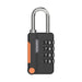 A black combination padlock with four dials set to "7-8-9", and orange accents.