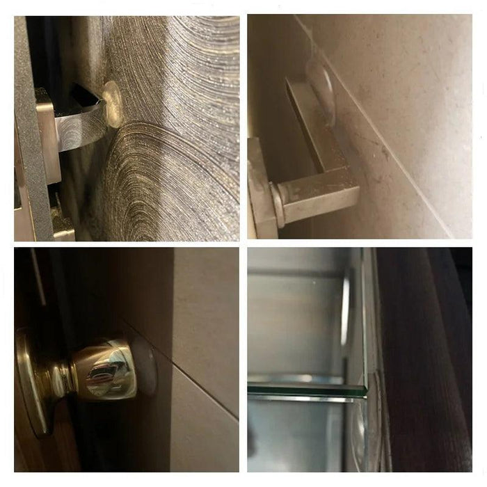 Close-up views of silicone protectors applied to a door handle and a piece of furniture, demonstrating their protective function.