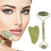 The jade roller and gua sha tool shown together with an inset image of a woman using the gua sha tool on her face.