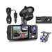 a car dash cam kit, including the main camera unit, a suction mount, a power cable, and additional camera attachments. The dash cam shows a split screen with various driving scenes.