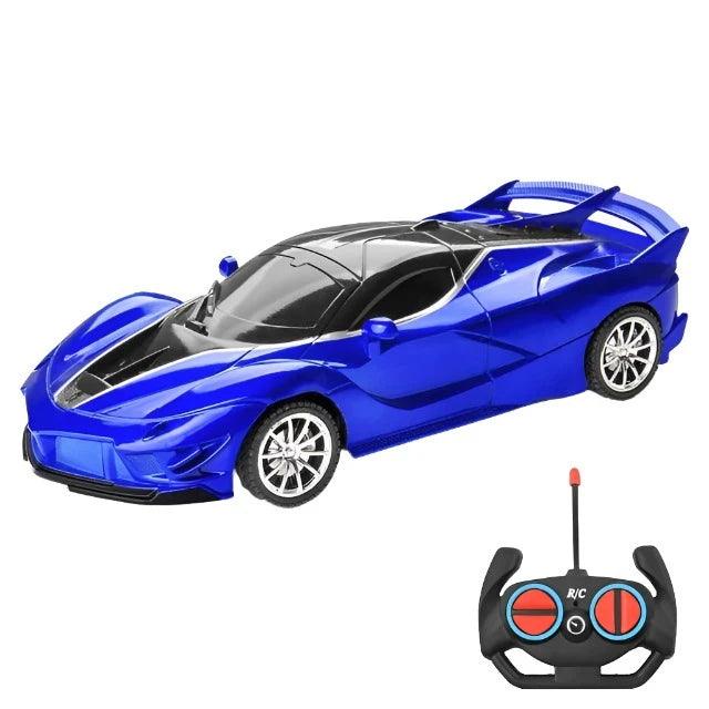 A sleek, blue sports car with black accents and an accompanying remote control.