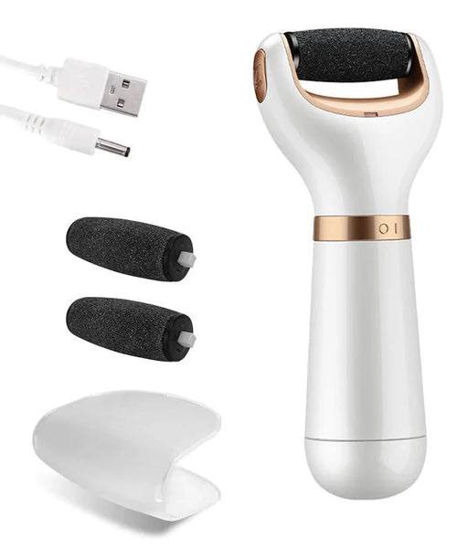 Foot care set includes: Foot file in white and gold, a USB cable, extra rollers, and a protective cover.