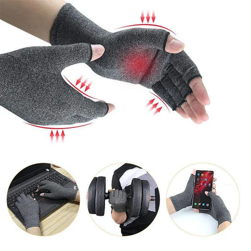 Gray compression gloves being worn for wrist support.