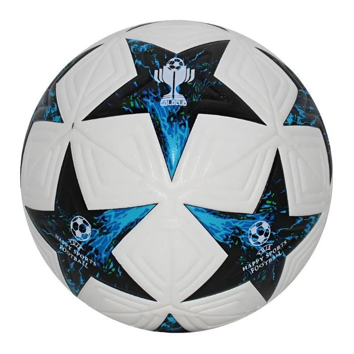 White soccer ball with blue and black star pattern.