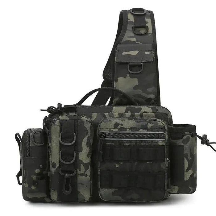 A front view of the gray camouflage sling bag showcases its overall design, including the adjustable shoulder strap with additional pockets for smaller items. The bag’s layout and attachment points are ideal for hands-free carrying while keeping essential gear within reach.