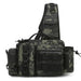 A front view of the gray camouflage sling bag showcases its overall design, including the adjustable shoulder strap with additional pockets for smaller items. The bag’s layout and attachment points are ideal for hands-free carrying while keeping essential gear within reach.