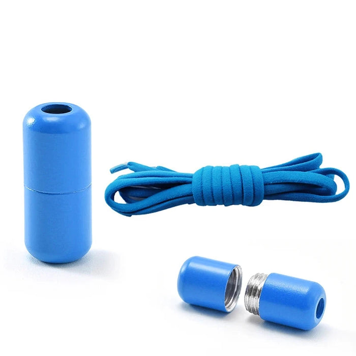 Blue magnetic shoelace closure set with laces and a magnetic lock.