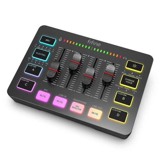 A black version of the audio mixer, with the same colorful buttons and sliders. The black color gives it a more professional look, while the LED lights provide clear visibility of the different controls. Labels for different settings like "48V," "Electric," and "Custom" are clearly marked.