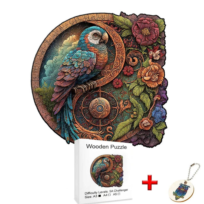 A colorful, detailed wooden puzzle of a parrot, accompanied by an A4 size box and a keychain.