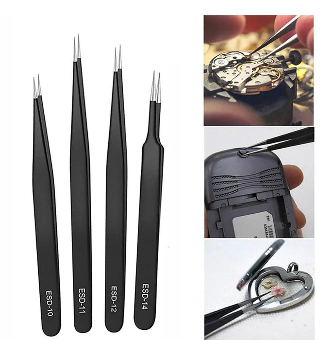 Four black ESD tweezers next to images of their use in fine tasks.