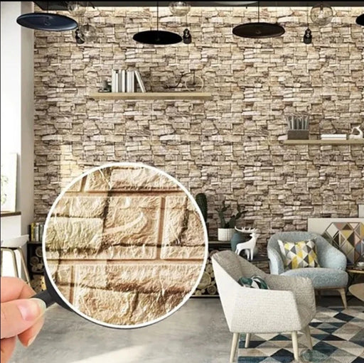 An interior wall decorated with a stacked stone design, featuring furniture and decor.