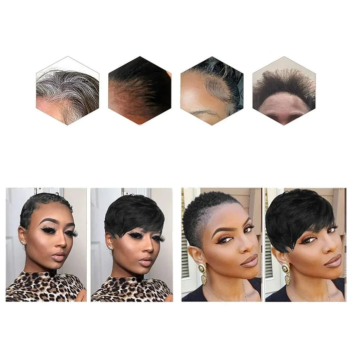 A series of hexagonal close-ups showing various hair issues, and before-and-after pictures of women wearing short wigs.