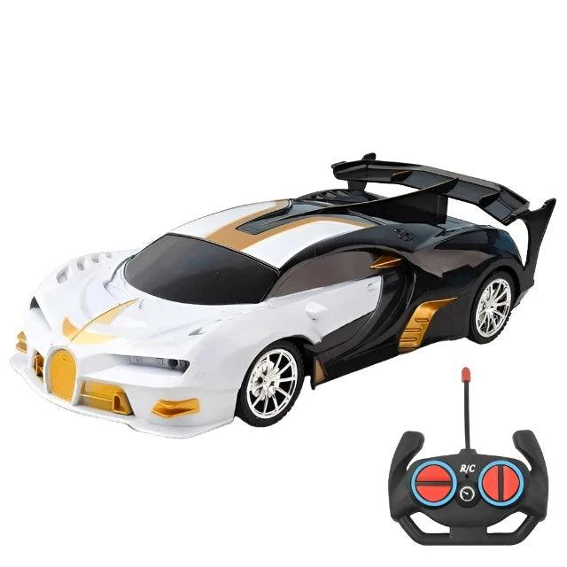 A shiny black, white and gold sports car with black accents and an accompanying remote control. The car features a sleek, aerodynamic design and large rear spoiler.