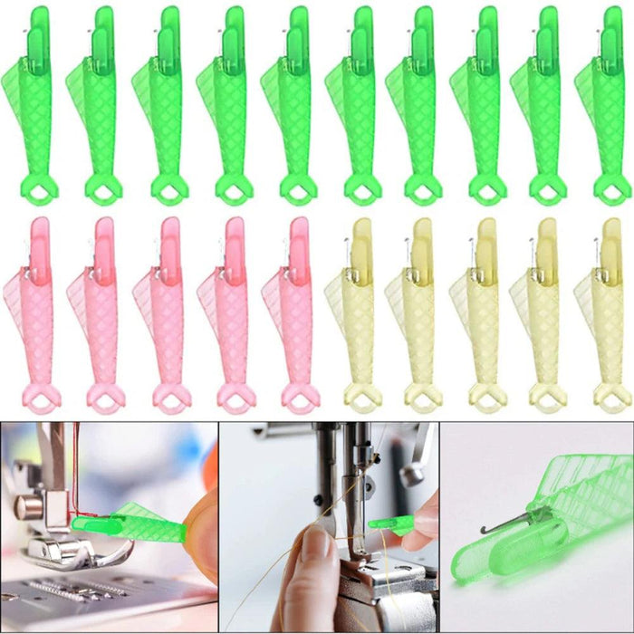 Various fish mouth sewing machine needle threaders in green, pink, and beige, displayed in multiple views and being used on sewing machines.