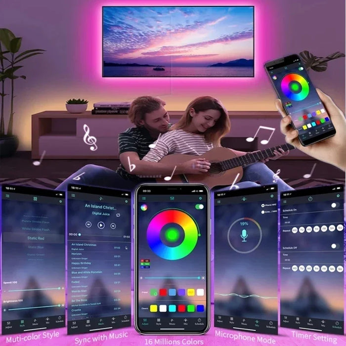 A couple sitting on the floor  playing a guitar with a TV mounted on the wall behind them. The TV is backlit with colorful LED lights, creating a cozy atmosphere. Several smartphones in the foreground display an app interface for controlling the LED lights, showcasing features like music sync and color selection.