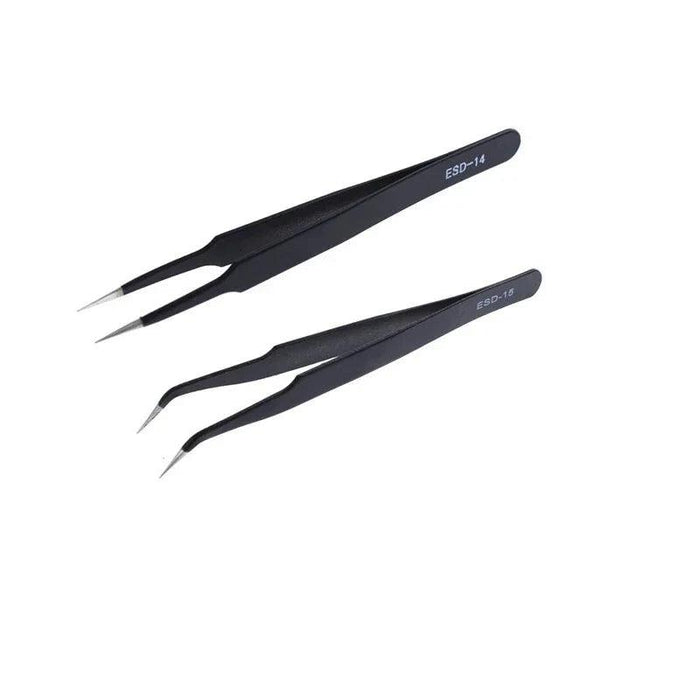 Two black ESD tweezers, one straight and one angled, on a white background.