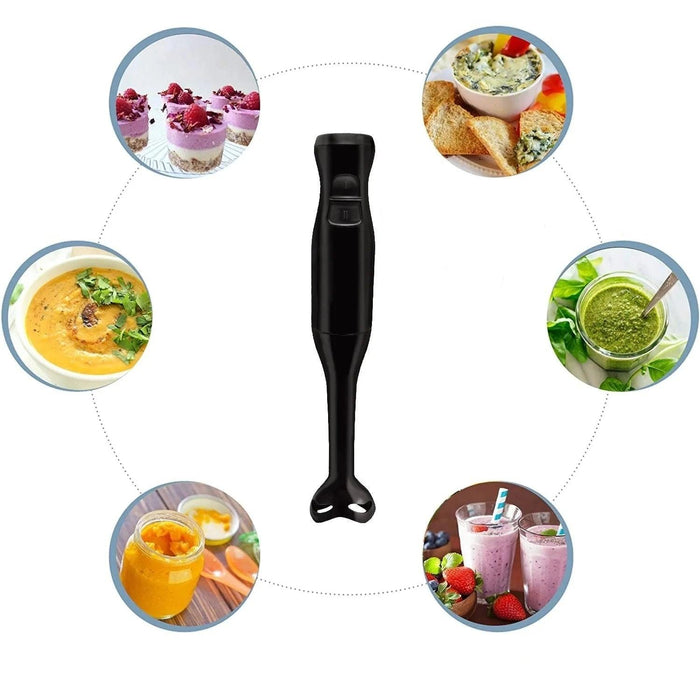 The black handheld immersion blender is displayed in the center with various food items arranged in a circular pattern around it. The items include smoothies, dips, soups, sauces, and desserts, illustrating the blender's versatility in preparing a variety of dishes.