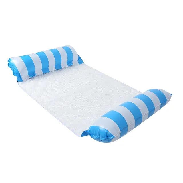 Inflatable pool float with light blue and white stripes and white mesh.