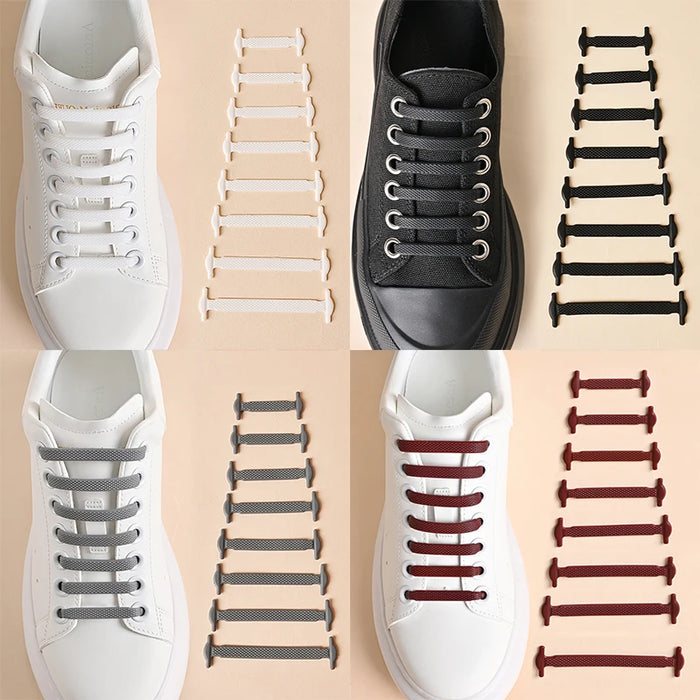 elastic no-tie shoelaces in various colors and styles. The laces are displayed both in use, threaded through shoe eyelets, and arranged beside shoes to demonstrate different color options.