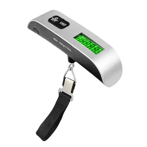 Digital luggage scale with a green display, demonstrating weight in kilograms, attached to a sturdy fabric strap.