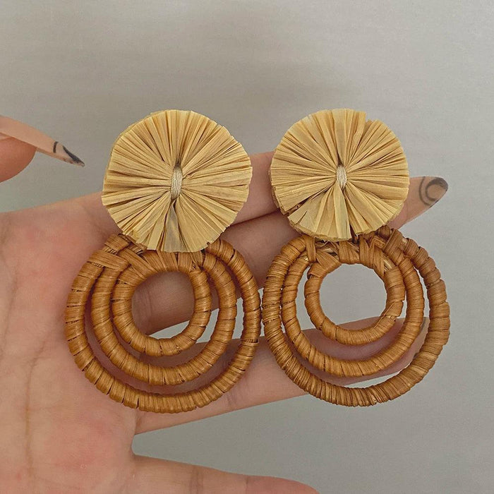 Boho Raffia Rattan Earrings, Handmade with Wood & Zinc Alloy, Lightweight & Bold, 32 Styles for Casual or Boho-Chic Looks