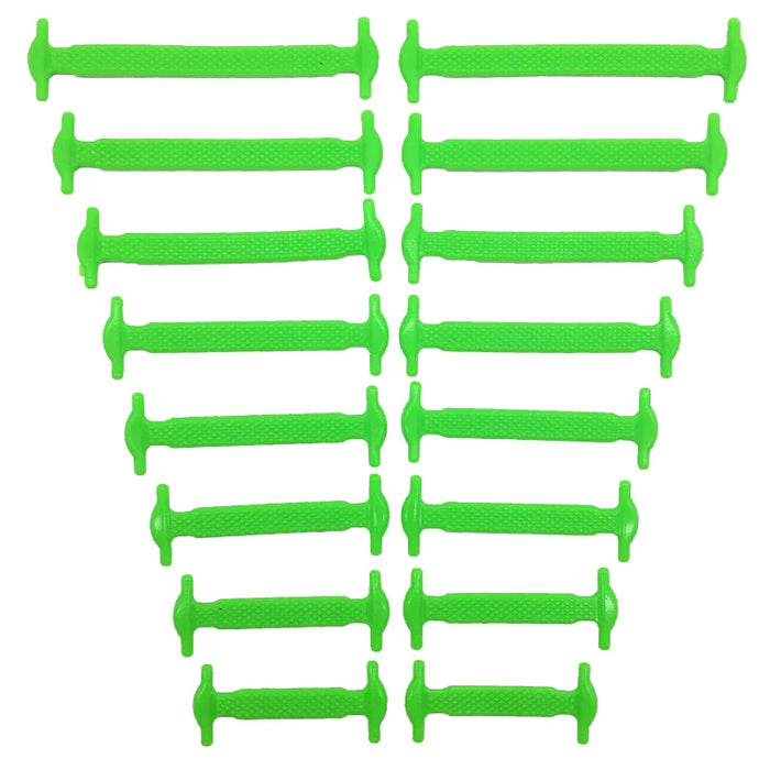 Sixteen silicone shoelaces in different sizes and green color, neatly organized in pairs on a white background.