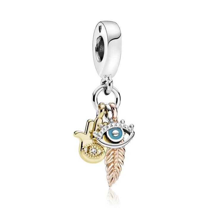 Gold Hamsa, blue eye and rose feather charm