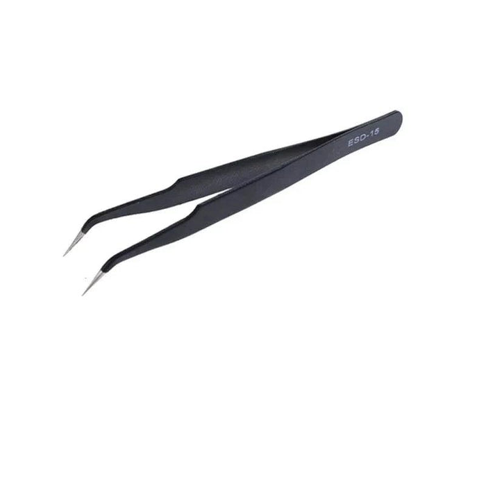 One black angled ESD tweezer, on a white background.