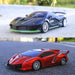 Top Car: Black with green accents on a road. Bottom Car: Red sports car with angular features.