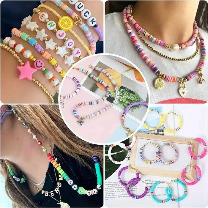 A collection of handmade jewelry items including bracelets, necklaces, and earrings, all made with colorful disc-shaped beads and other decorative elements. The photo is a collage showcasing different designs and styles.