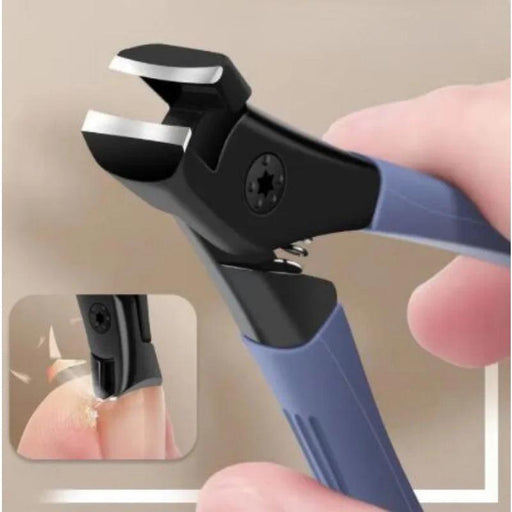 A person using a heavy-duty nail clipper with a blue handle, designed for thick nails. An inset image shows a close-up of the clipper cutting through a thick nail.