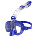 A blue snorkeling mask with an attached snorkel, similar in design to the first one, is featured. The snorkel is clear with black accents and has a valve at the top to keep water out.