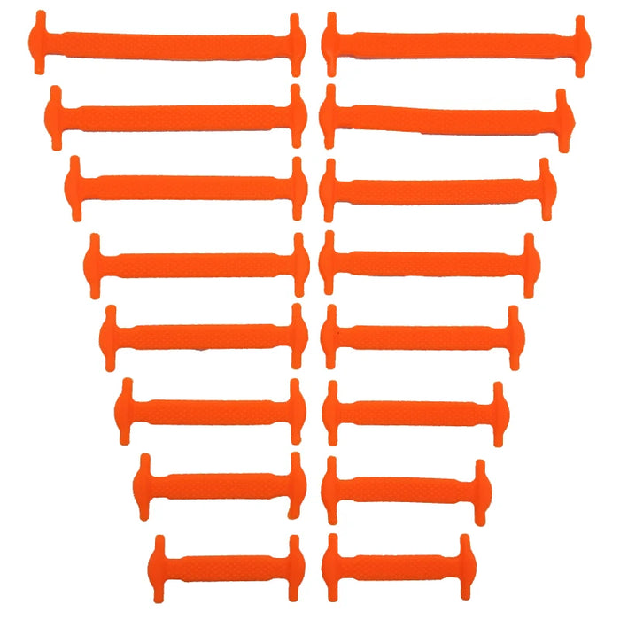 Sixteen silicone shoelaces in different sizes and orange color, neatly organized in pairs on a white background.