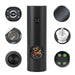 A single black electric grinder with detailed close-up views of its components, filled with peppercorns.