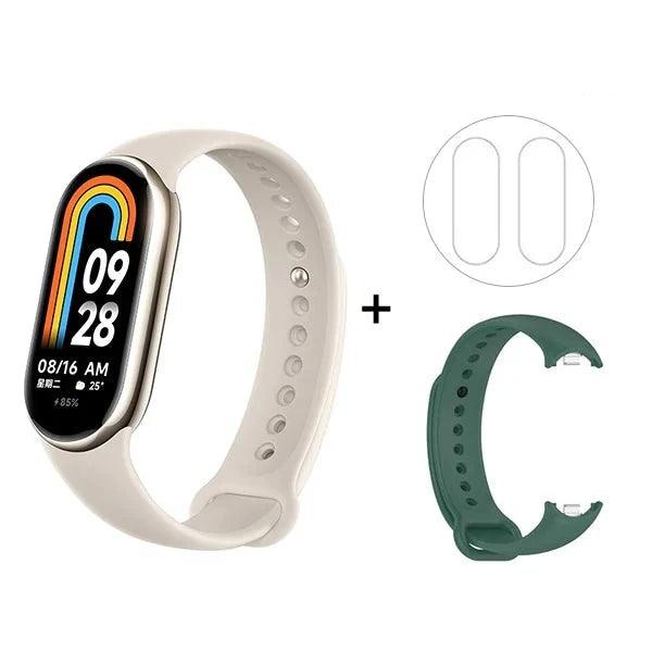 Smartwatch with white band and green replacement band.