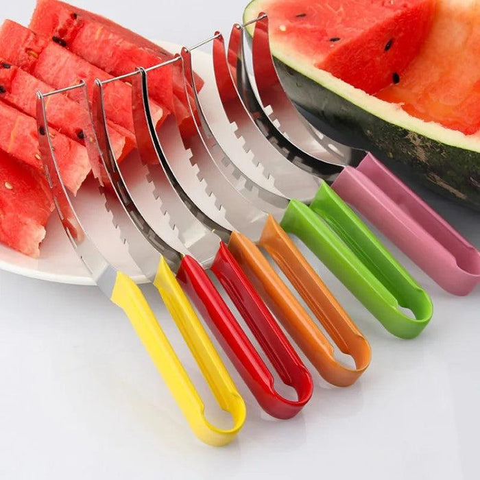 A selection of watermelon slicers with different colored handles (yellow, red, orange, green, and pink) are displayed, each with a sharp, curved blade.