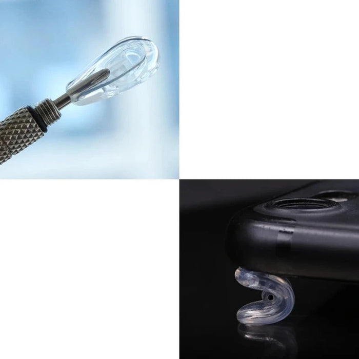 Two photos: the top shows a clear silicone nose pad attached to a metal tool, and the bottom shows the nose pad folded by a phone to show its flexibility.