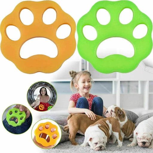 an orange and a green pet hair remover, along with smaller images of a woman using it in a laundry machine, a close-up of it removing hair from clothing, and a child playing with puppies.