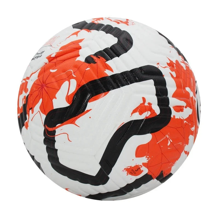 White soccer ball with black and orange abstract pattern.