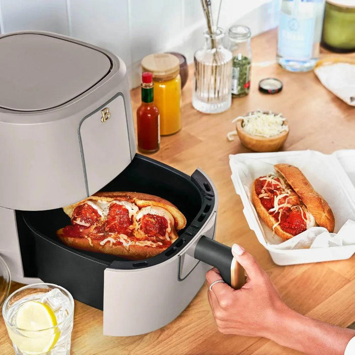 Smart Air Fryer, 3-qt capacity, 75% less fat, 4 presets, adjustable temp (170°F-400°F), easy cleanup, CE certified.