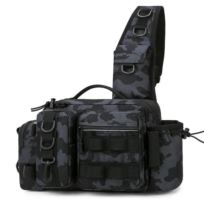 A front view of the black camouflage sling bag showcases its overall design, including the adjustable shoulder strap with additional pockets for smaller items. The bag’s layout and attachment points are ideal for hands-free carrying while keeping essential gear within reach.