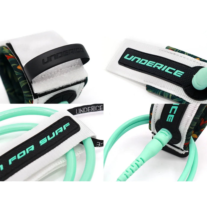 Close-ups of the surf leash showing its branding and attachment details.