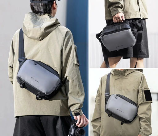 Multiple views of the K&F Concept camera sling bag being worn and carried by a person, highlighting its versatility and design.