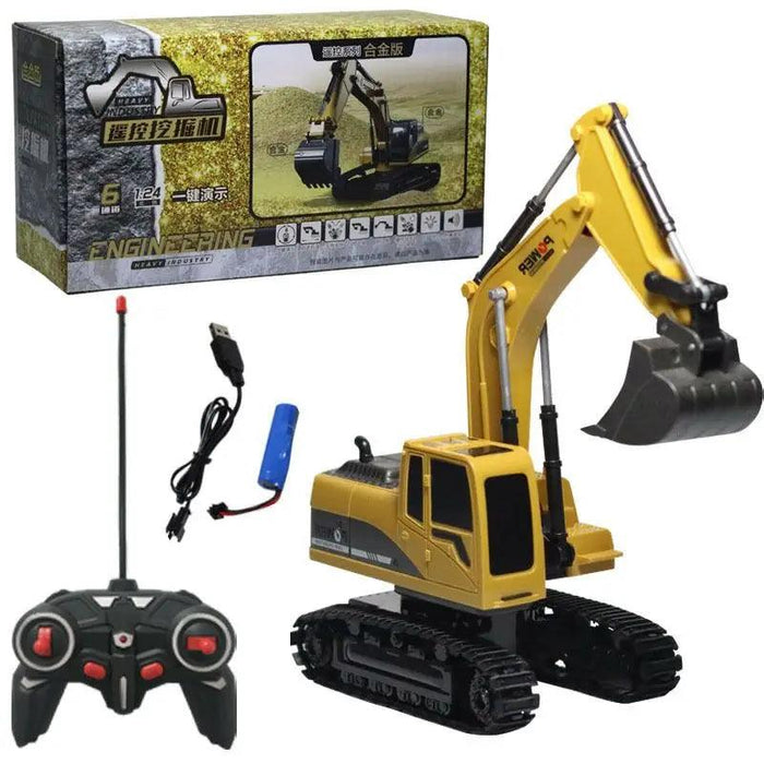 Yellow toy excavator with remote control and packaging box included.