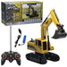 Yellow toy excavator with remote control and packaging box included.