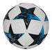 White soccer ball with blue and black star pattern.