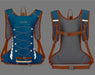 Blue and orange backpack with reflective strips, front and back views, adjustable straps, and safety features.