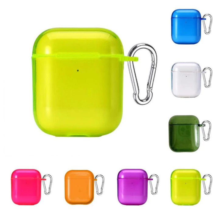 a collection of colorful, translucent cases for wireless earphones, each equipped with a small metal carabiner clip for easy attachment. The cases are displayed in various vibrant colors, including neon green, blue, pink, orange, purple, and transparent. The main focus is on a bright green case, with other colors shown around it.