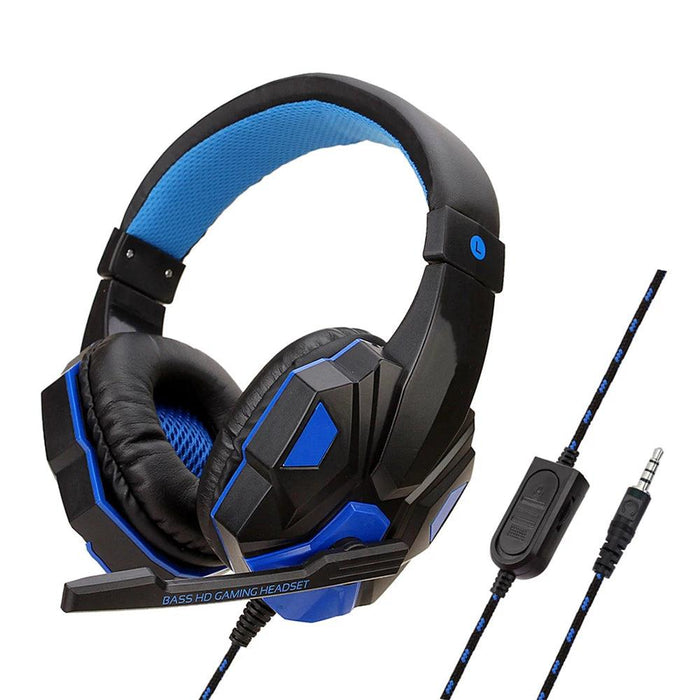 A black and blue gaming headset with a non-detachable microphone, shown with a 3.5mm jack and an in-line volume control on the cable. The headset features red mesh padding on the ear cups and headband. Display on white background.